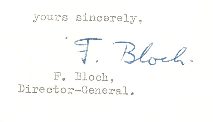 Bloch's signature, 12 November 1954, CERN Archives